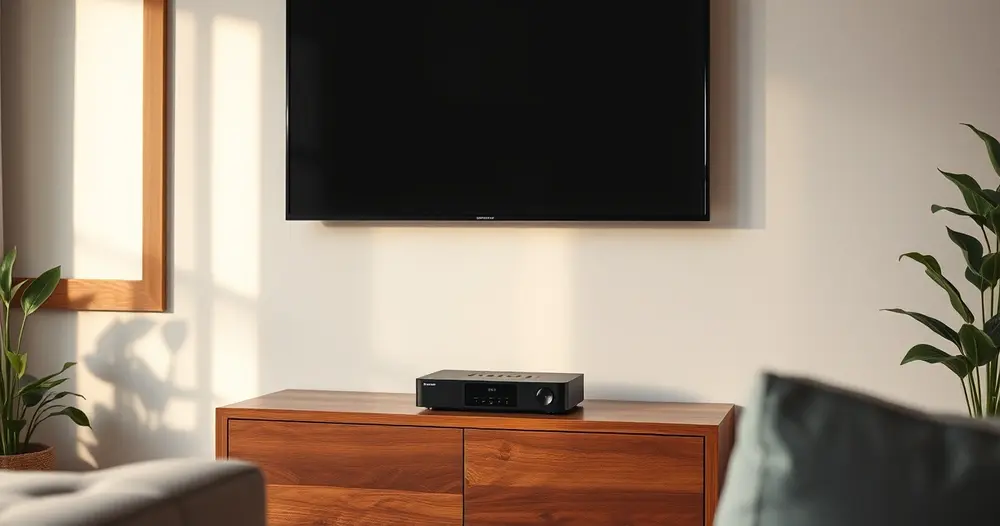 Aparelho TV Box conectado a uma televisão em sala de estar