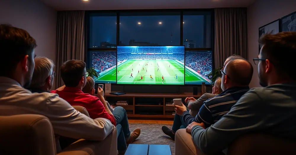 torcedores assistindo futebol na televisão da sala à noite