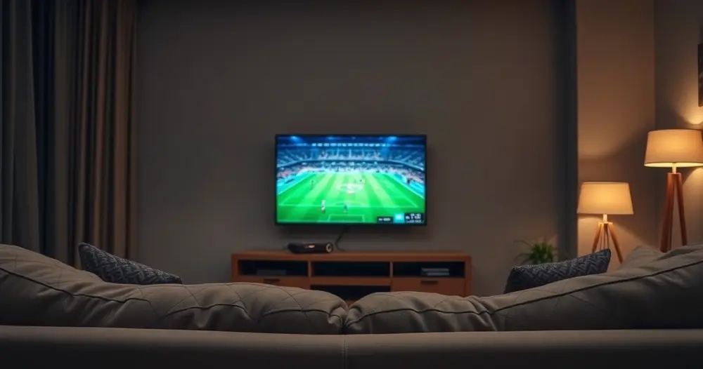 televisão da sala transmitindo partida de futebol à noite