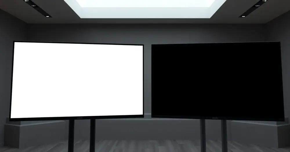 Duas televisões lado a lado em ambiente de sala com luz baixa