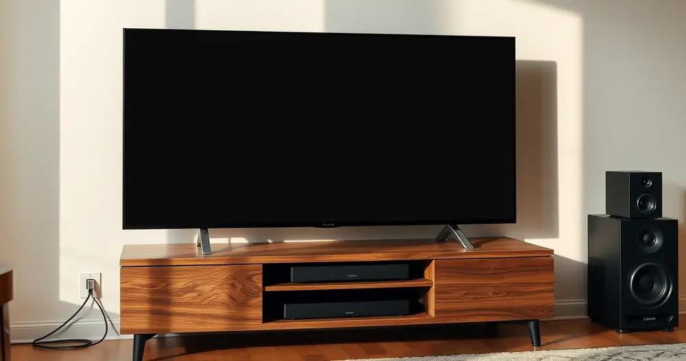 Televisão instalada em rack de sala ao lado de outros aparelhos